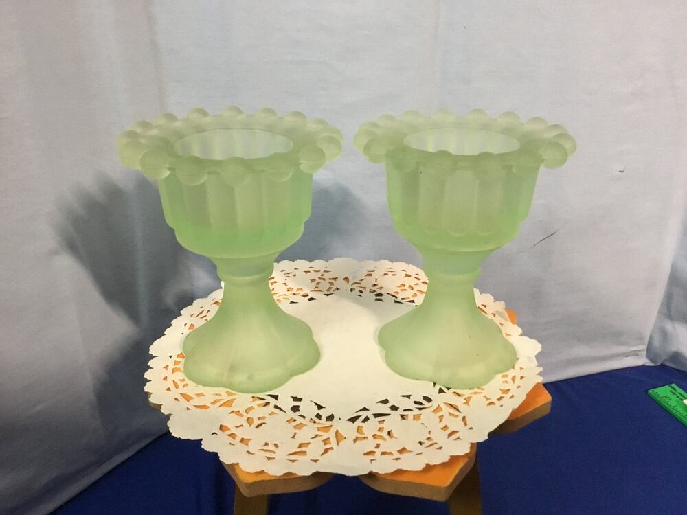 Pair Frosted Satin Green Pedestal Candle holder/votive